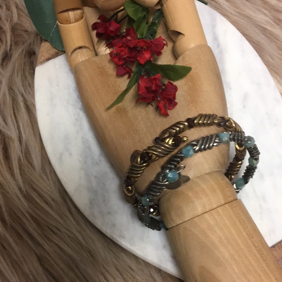 Woven metal Artesian bracelets BOHO with glass stones beautiful metal set of 2 - Picture 5 of 15